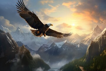 Fototapeta premium A large eagle gracefully glides through the sky over breathtaking mountain peaks, An eagle soaring high over a mountainous landscape, AI Generated