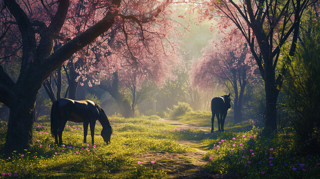 Horses in the spring forest, grazing among flowering trees, create a magical visual perception