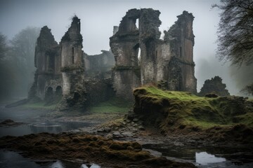 A striking castle emerges from the misty embrace of a dense forest, standing proudly amidst the ethereal atmosphere, An eerier ruined castle shrouded in mist, AI Generated