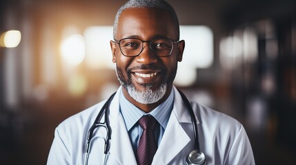 Multicultural doctor, stethoscope, diverse ethnicities, hospital setting, blurred background