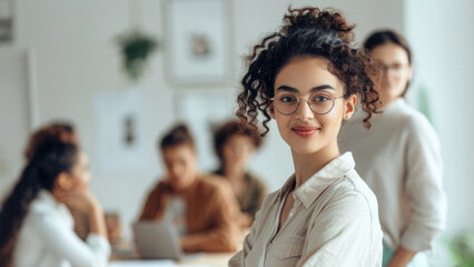 Fototapeta premium An upbeat young woman in business attire, holding glasses, radiating confidence, and a friendly smile. She could be leading a meeting or workshop
