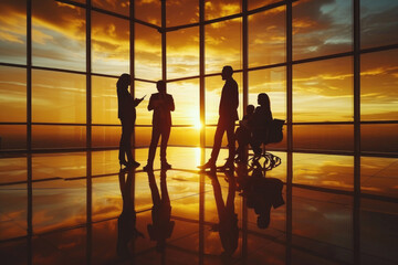 A group of five professionals in a modern office, silhouetted against a sunset window. Reflective floor. Implying corporate discussions