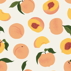 Fresh Slices Peach seamless pattern. Vector illustration in trendy retro style