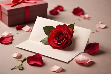 A minimal romantic concept with craft gift package, red roses, red rose petals and a note paper