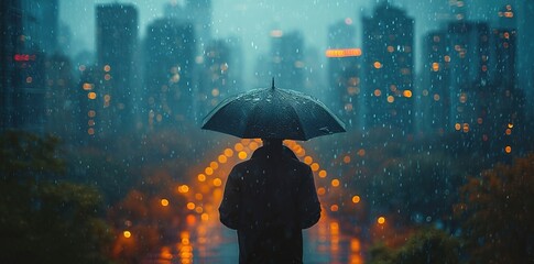 businessman in rain holds umbrella, in the style of brooding cityscapes, photo-realistic landscapes, neo-concrete, high-angle, environmental awareness