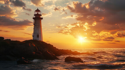 Fototapeta premium Photo of the lighthouse against the background of a warm summer sunset that creates a romantic and