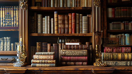 Polished wooden shelves on which books are located in bindings of silk and leather with gold eleme - obrazy, fototapety, plakaty