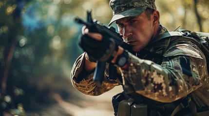 Foto op Canvas Portrait of a military instructor in combat training, demonstrating the shooting technique © JVLMediaUHD