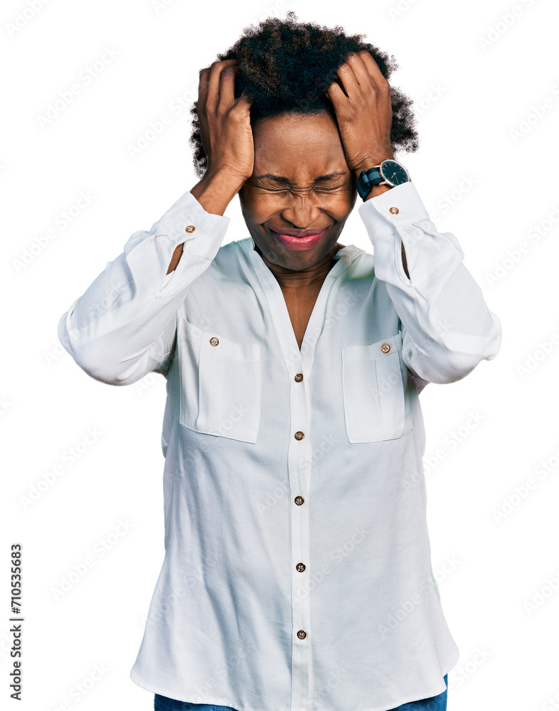 Sticker african american woman with afro hair wearing casual white t shirt suffering from headache desperate