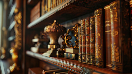 Shelves with books in bindings made of brown leather, decorated with golden handles, create an atm - obrazy, fototapety, plakaty