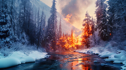 Snow snowdrifts in fire: Fantasy New Year's creation - obrazy, fototapety, plakaty