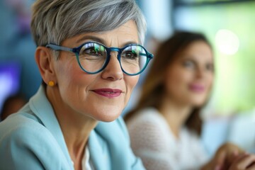 A mature woman in her late fifties to sixties exudes confidence and positivity. Stylish grey hair and elegant glasses complement her corporate attire
