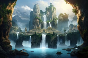 A beautiful painting showing a majestic waterfall with a castle situated in its midst, An ethereal setting with floating islands and a cascading waterfall, AI Generated