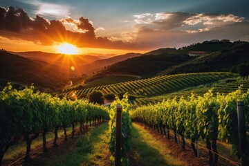 Fototapeta premium Capture the captivating sight of the sun setting over a picturesque vineyard, showcasing natures tranquility and stunning beauty, An exquisite Italian vineyard under the setting sun, AI Generated