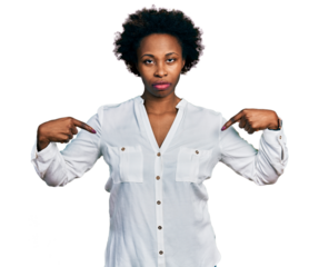 African american woman with afro hair pointing with fingers to herself skeptic and nervous, frowning upset because of problem. negative person.