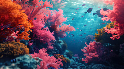Fototapeta na wymiar Swimming among corals in shades of pink and orange, deafeningly beautiful under water