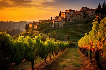 Fototapeta na wymiar Capture the awe-inspiring beauty of a vineyard bathed in the warm hues of a stunning sunset, An exquisite Italian vineyard under the setting sun, AI Generated