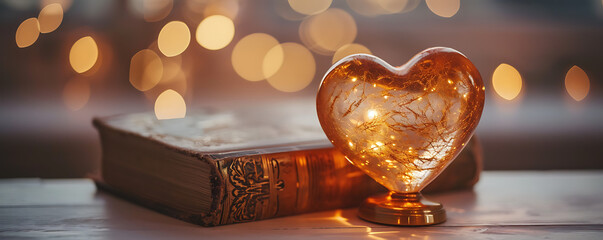 A polished golden heart sits glowing on a pedestal accompanied by a book, symbols of love and wisdom in a dreamlike setting - obrazy, fototapety, plakaty