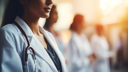 Close-up cropped photo of female doctors wearing white medical gowns and stethoscopes standing in a row in a modern clinical hospital. Healthcare, medicine and science concepts. - obrazy, fototapety, plakaty