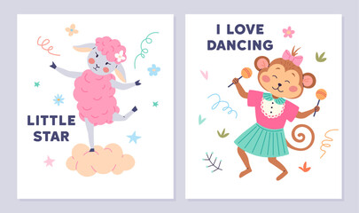 Animal party vector illustration. The wildlife celebration is cheerful feast happiness and entertainment forest with beasts into festive. Little star, i love dancing, pink sheep dances, monkey dances