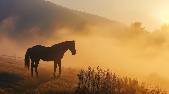 The bewitching scene: a horse, slowly walking along the morning fog, creates a picture of incredib