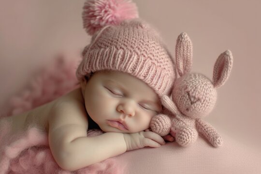 The image captures a peaceful moment of a baby sleeping on their side, snugly wrapped in a pink hat and cuddling a plush bunny toy.  
