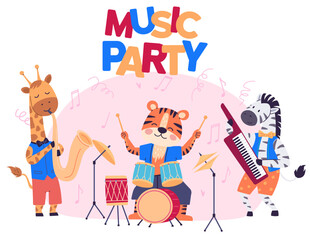 Animal party vector illustration. Join festivities as cheerful fauna creates magical celebration in jungle Creatures gather for festive banquet, turning animal party into lively. Music party