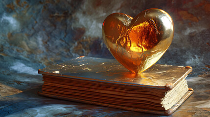 A polished golden heart sits glowing on a pedestal accompanied by a book, symbols of love and wisdom in a dreamlike setting