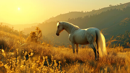 Obraz na płótnie Canvas The golden light of the sun emphasizes the beauty of the stallion, proudly in the hilly meadow