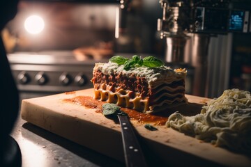 Savory Delight: Delicious Lasagna Served on a Plate, Culinary Perfection in Visual Feast.  - obrazy, fototapety, plakaty