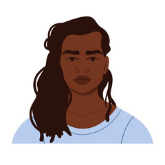 The avatar of a young African American man with long dreadlocks. Portrait of a male character for a social media profile. Bright vector illustration in a flat style