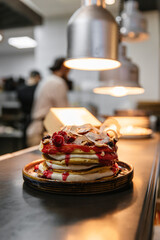 Close-up photo of pancakes on a dark background, covered with red syrup and sprinkled with raspberries.