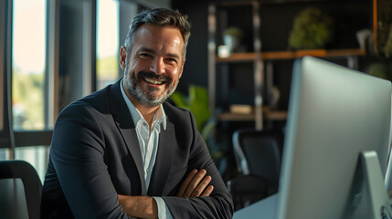 Fototapeta premium Smiling Mature Business Man Crypto Broker, Financial Investor, Trader, or Expert Adviser at Work. Portrait. Digital Trade Finance Exchange Market, Asset Management, Stock Funds Investment Analysis