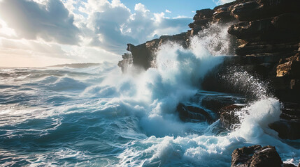 The photo captures the moment when the waves collapse on high cliffs, creating amazing water funne - obrazy, fototapety, plakaty