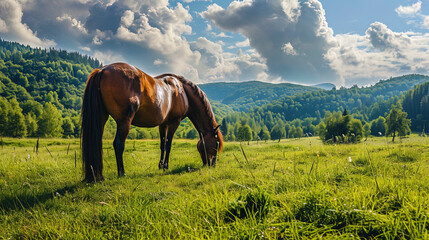 The picture is pastoral: a horse grazing in a green meadow expresses calm and tenderness