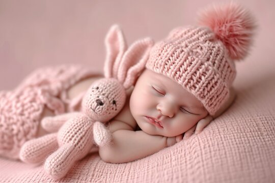 The image features a sleeping baby in a pink hat hugging a pink knitted bunny toy, against a soothing light pink background