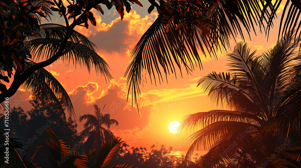 Wall mural the tropical sunset in which the branches of palm trees framed the soft orange light of the sun - Wall murals