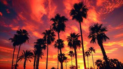 The silhouettes of palm trees at sunset, creating contrast with fiery shades of heaven
