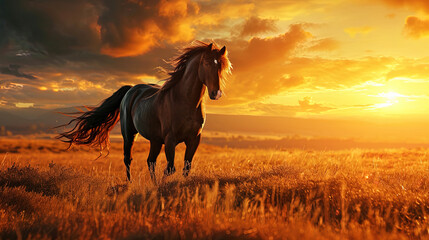 The stallion with a magnificent mane, standing on the horizon before sunrise, creates the impressi