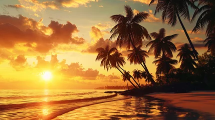 Zelfklevend Fotobehang The sunrise staining the palm trees in golden shades rising from the horizon © JVLMediaUHD