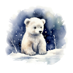 Polarbärjunges Schnee Aquarell Niedliche Eisbärillustration Jungtier Kinderzimmer Wandkunst Arktische Szene Tierbild