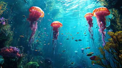 The underwater cauldron garden, along which jellyfish and playful fish float - obrazy, fototapety, plakaty