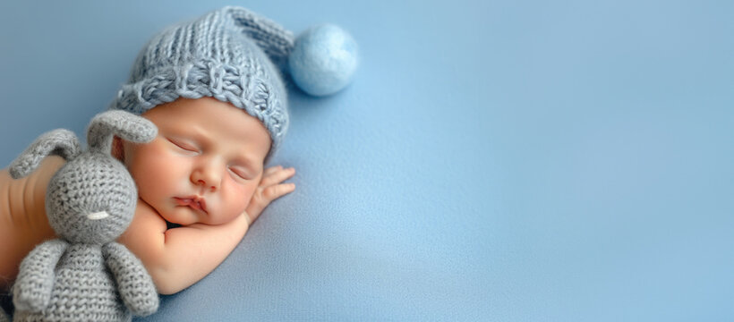 A sleeping baby with a blue knitted cap cuddles a gray bunny against a calming light blue backdrop
