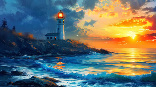 The sunrise in the light of the lighthouse, creating a bright and rich in paints morning on the sh