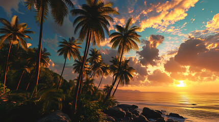 Tropical dawn, where palm trees dance under the first rays of morning light - obrazy, fototapety, plakaty