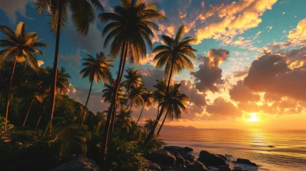 Fotobehang Tropical dawn, where palm trees dance under the first rays of morning light © JVLMediaUHD