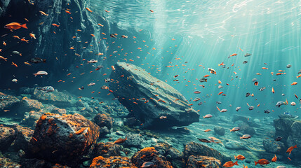 Underwater art object from cauld cascades, surrounded by many floating fish - obrazy, fototapety, plakaty