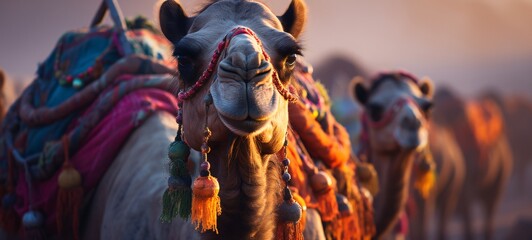 Fototapeta premium Vibrant Rajasthani Camels: Colorful Desert Scene with Low Depth of Field