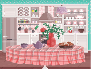 Kitchen interior vector illustration. Stylish decoration and cookware turn domestic kitchen into culinary haven A comfy kitchen interior concept fosters warm atmosphere for family gatherings