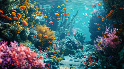Fototapeta na wymiar Underwater Garden with pastel shades of carats and playful fish around